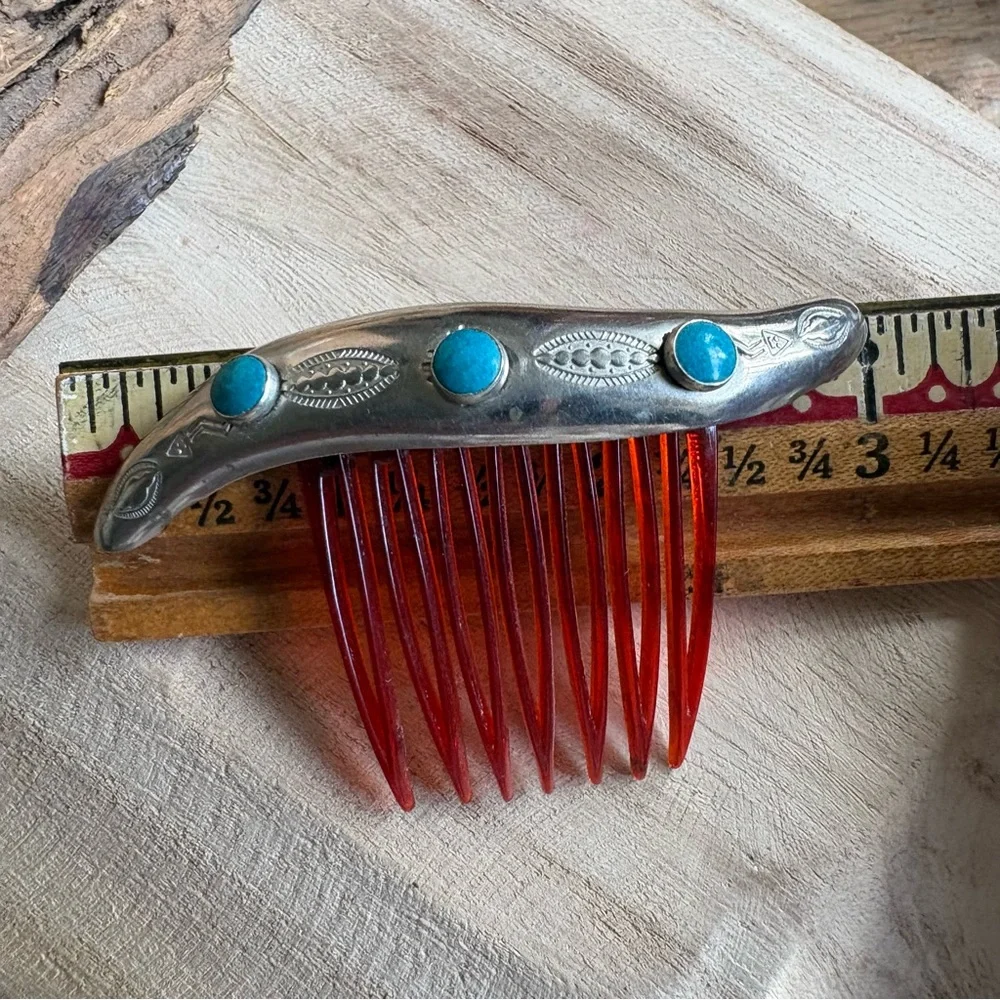 Vintage Navajo Sterling Silver & Turquoise Hair Comb - Picture 5 of 9